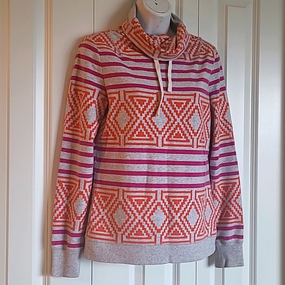 Twik Cowl Neck Pink Orange Geometric Long Sleeve French Terry Pullover